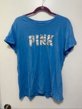PINK Victoria's Secret Blue Short Sleeve Tee with Silver Logo